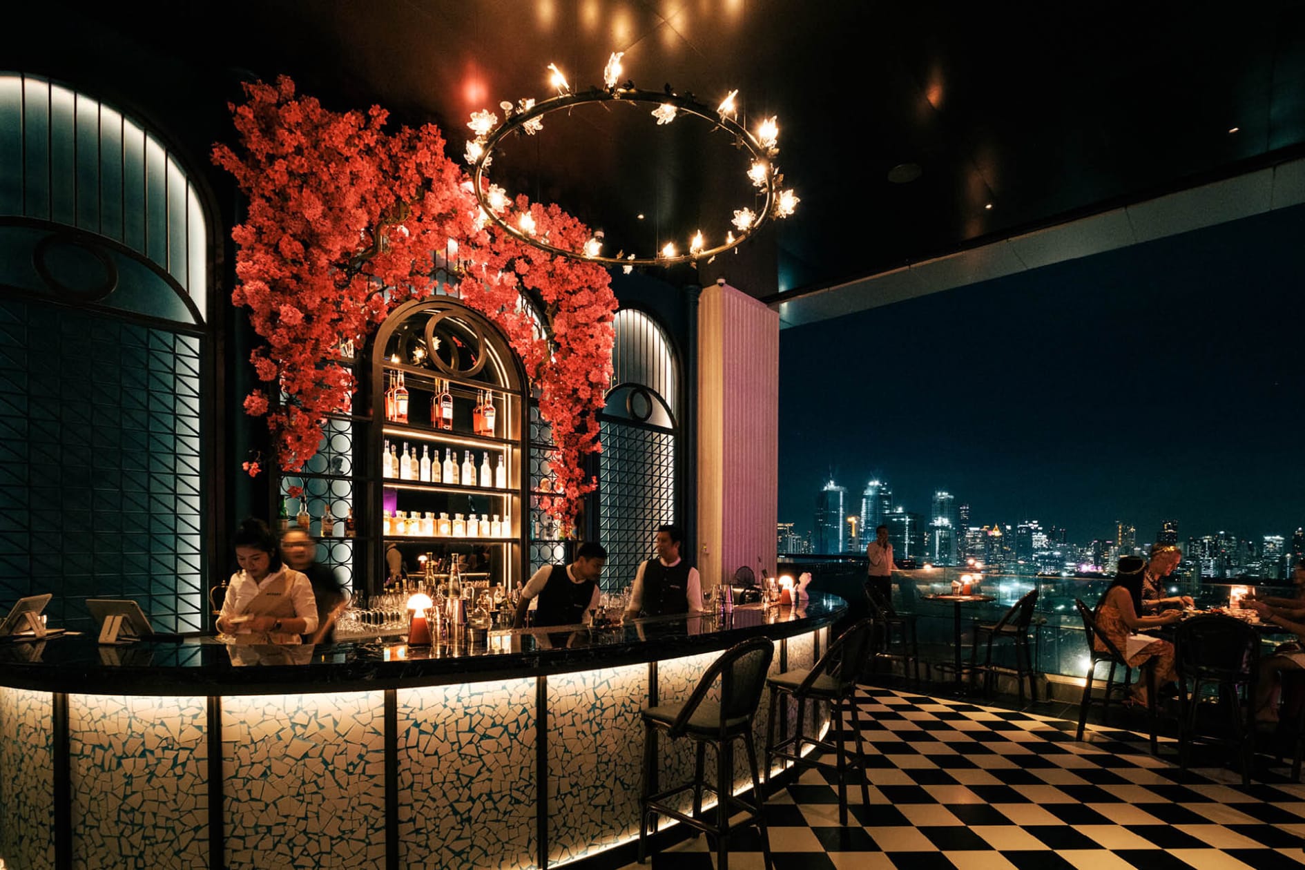 Rooftop terrace at night at Aesops Bangkok