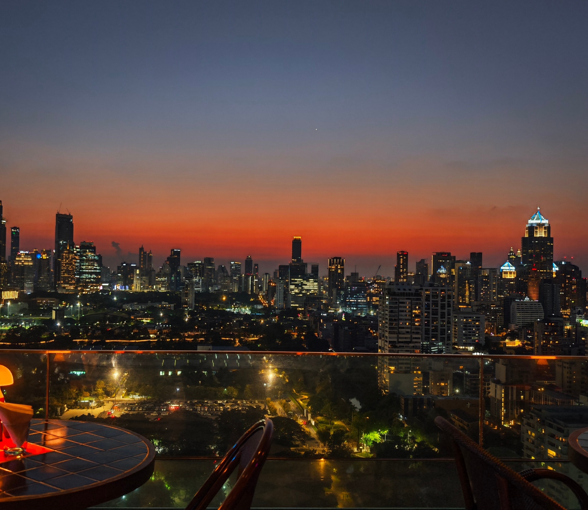 Sunset over Bangkok skyline from the Aesops rooftop